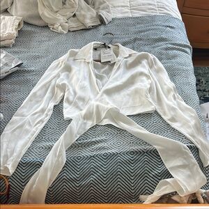 Zara White Crop Tie Front Blouse